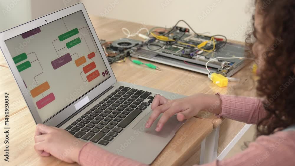 Poster back view of american girl coding engineering prompt while laptop screen display programing software