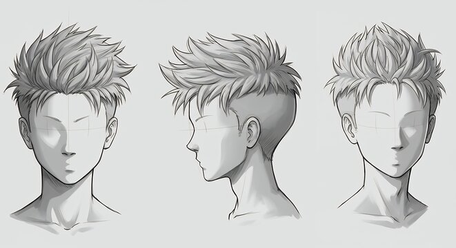 Stylized illustration of male head with hair front side and frontal views