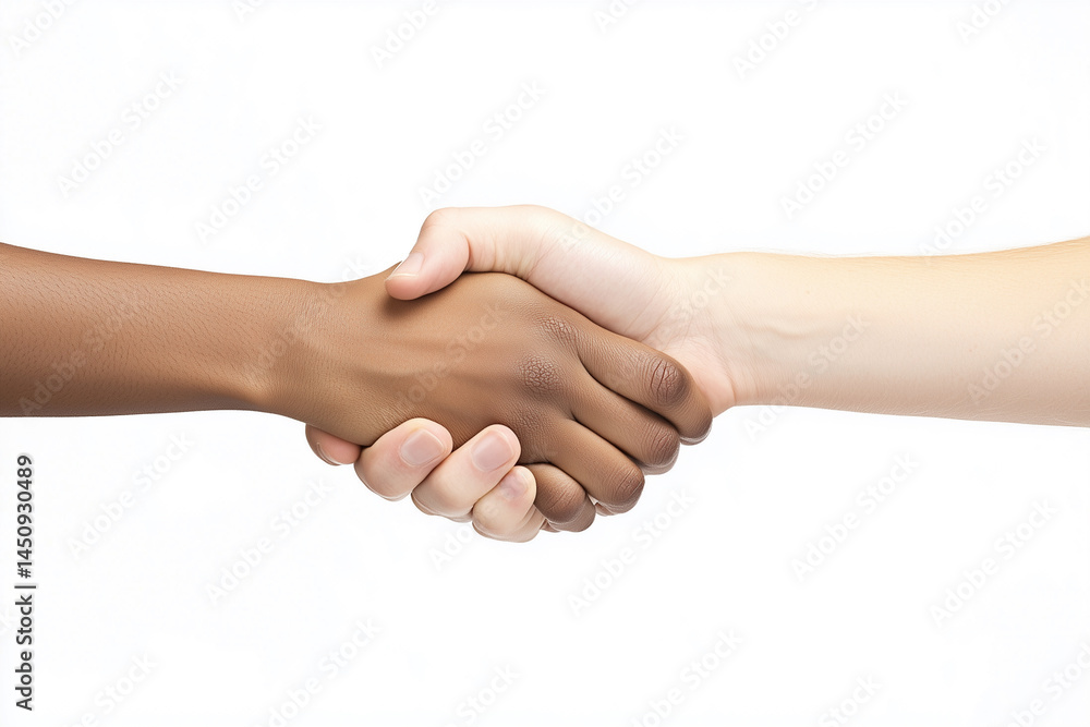 Poster two hands shaking hands. concept of unity and cooperation. the two hands are of different colors, wh