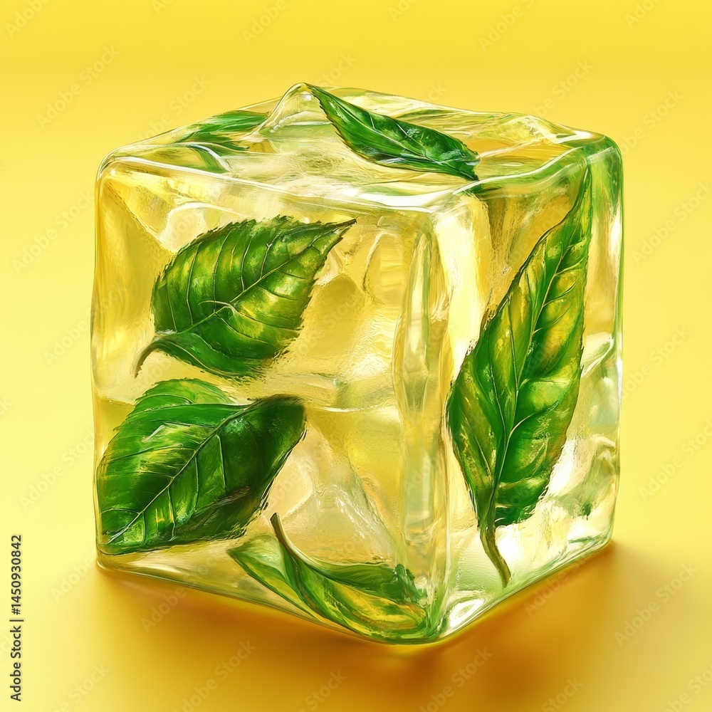 Aufkleber the image features a close-up shot of an ice cube made of crystal clear ice and garnished with a fre