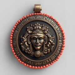 Ornate Ancient Pendant with Detailed Face and Beads