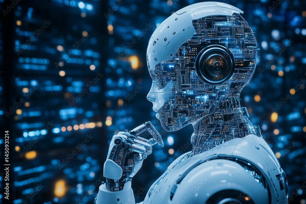 Poster robot with a face made of computer chips and a head with a pair of headphones. the robot is looking 