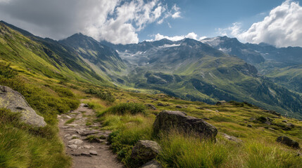 Fototapeta premium A rocky hiking trail winds through vibrant green alpine meadows, leading towards majestic snow capped mountains under a cloudy sky, creating a scenic vista.