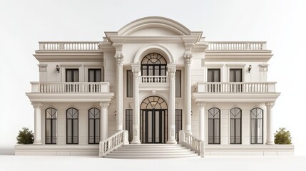 Obraz premium The exterior of this luxury modern house showcases a sleek white and gray facade, stone pillars, and an abundance of lush greenery