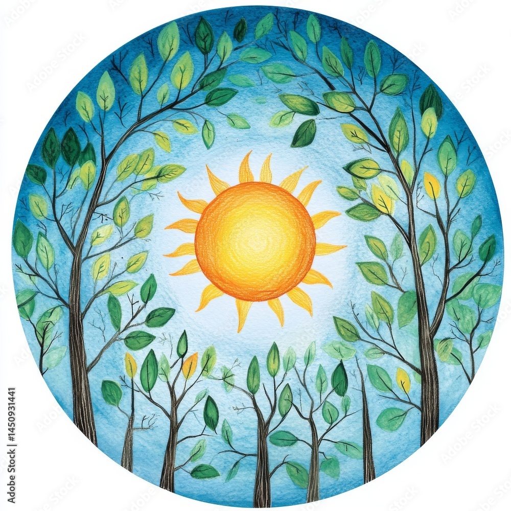 Poster image of a sunburst shining through the green leaves of a tree with a blue trunk in pointillist tech
