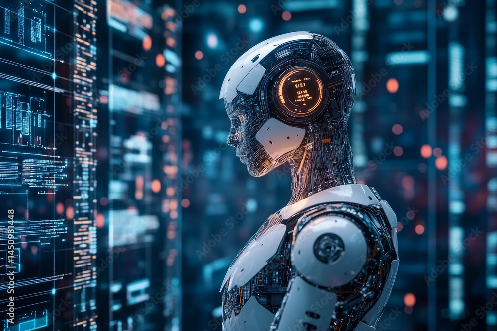 Poster robot with a face and a pair of headphones is standing in front of a computer screen. the robot is s