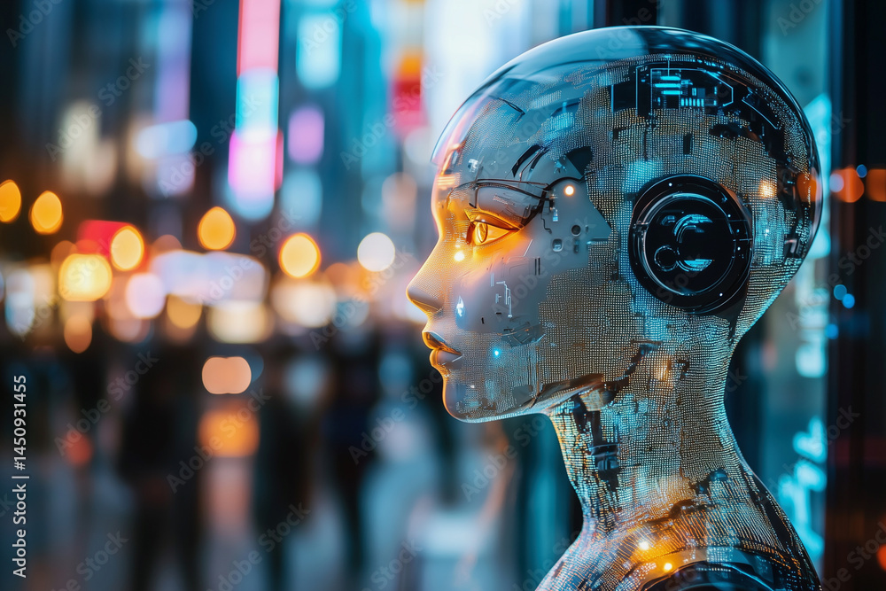 Poster robot with a pair of headphones on its head. the robot is surrounded by a cityscape with lights and 