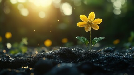 Single yellow flower emerging from dark soil
