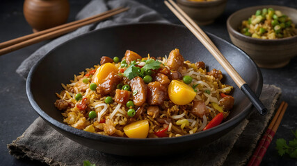 Wok-Fried Rice with Chicken, Quail Eggs and Scallions in Black Bowl