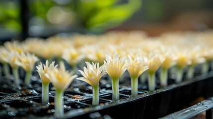 Close-up of Delicate Seedlings in a Nursery Tray