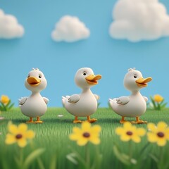 Fototapeta premium Orange flowers are being walked on by five white geese against a light green background