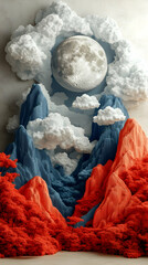 Sculptural landscape with a full moon, textured clouds, and dramatic mountains in shades of blue, white, and red