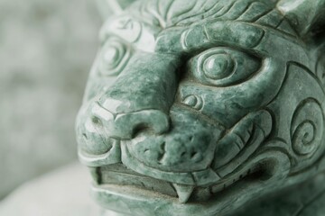 Close-up of intricately carved jade Chinese guardian lion, showcasing its detailed features and serene expression.