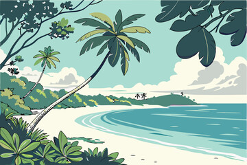 4 Tropical paradise, pristine white sand beach, lone palm tree, crystal clear turquoise water, calm ocean, blue sky with wispy clouds, lush green foliage, sunlit shoreline, idyllic island scenery, tra