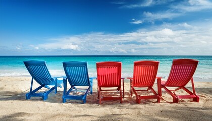 red and blue beach chairs near ocean