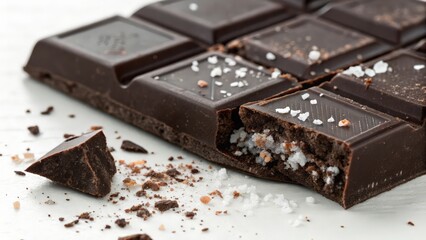 Dark Chocolate Bar with Sea Salt Crystals on Marble Surface
