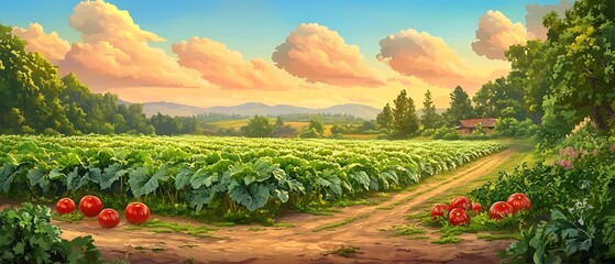 Sunset Farm Tomatoes Rural Landscape
