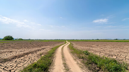 Obraz premium Empty Dirt Road Through Brown Rural Field Under Sunny Blue Sky