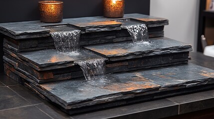 Water cascades down a stone tiered fountain