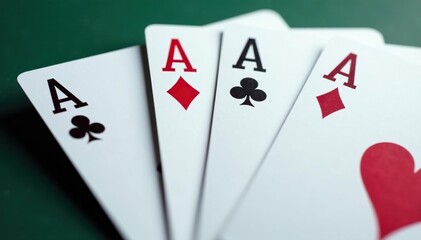 Close-up of four aces, different suits, forming a square , poker, macro, aces