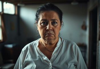Obraz premium A portrait of an overweight woman with a worn-out expression
