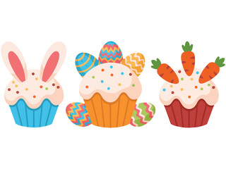 Cute Easter eggs and cakes isolated vector illustration on white background