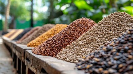 Rows of Colorful Grains and Seeds at an Outdoor Market