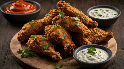 Fototapeta premium Crispy Fried Chicken Wings Platter with Trio of Dipping Sauces on Wooden Board
