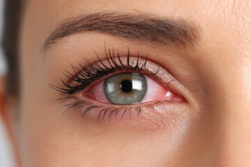 Obraz premium Close-up of a red, irritated eye, showing redness and inflammation.
