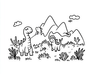 Cute dinosaurs in a prehistoric landscape.  Three friendly dinosaurs stand amidst lush foliage and rolling hills.  Fluffy clouds dot a clear sky above