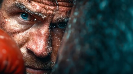 Intense CloseUp of a Boxer in Action Sweat and Focus Captured Through the Rings Mesh Sports