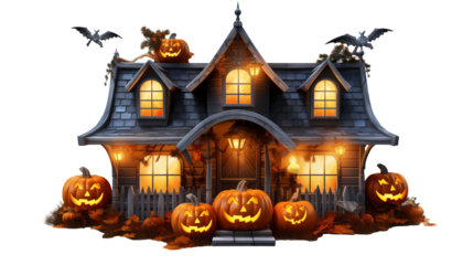 Cartoon haunted house with illuminated pumpkins and bats decoration isolated on transparent background	