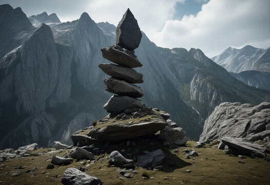 A majestic stone cairn stacked against a dramatic mountain backd