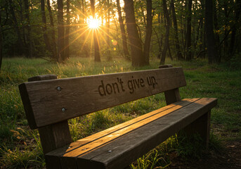 Sunlit forest bench with inspiring message under setting sun rays