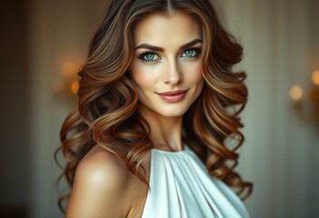 Glamorous woman in elegant white evening gown