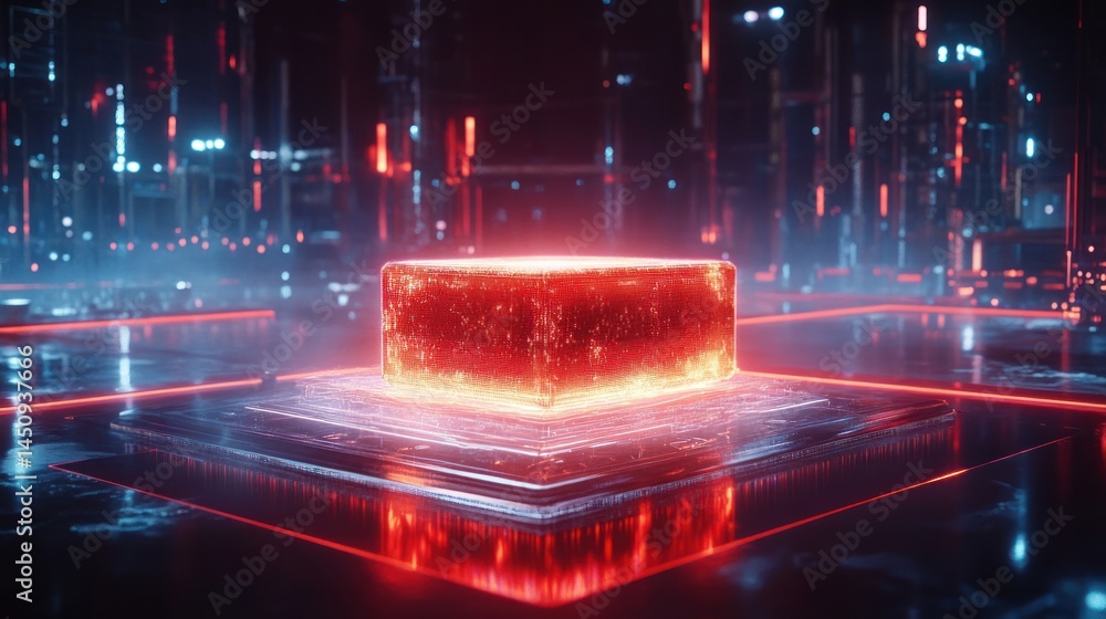 Poster glowing red cube on platform in futuristic cyberspace