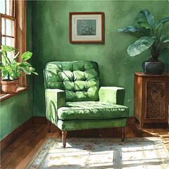 illustration of Cozy Armchair By The Window, watercolor vector, isolated on a white background.