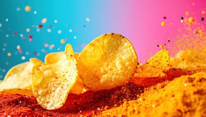 Colorful explosion of potato chips and spices against a vibrant background