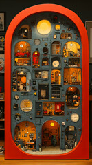 A detailed miniature diorama of a multi-level house, complete with various rooms and objects, nestled within a large arched frame