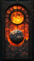 Fototapeta premium A fiery celestial scene framed in an ornate dark window showcasing a large sun and Earth set against a backdrop of a