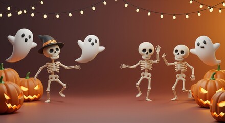 Fototapeta premium Dancing skeletons celebrate Halloween with playful ghosts and glowing pumpkins in a festive, autumn-themed setting