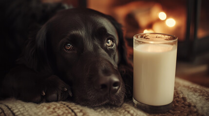 chocolate labrador with a glass of milk