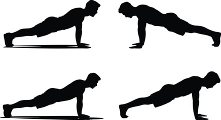 Set of Man in Plank Position Silhouette – Straight Arm Core Workout Pose in Solid Black Vector on White Background