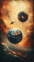 Cosmic conflict, Earth, and celestial objects amidst a fiery nebula.  Two flying objects hover near a large sphere resembling a planet