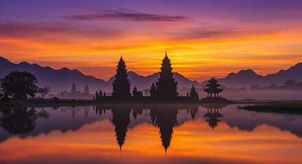 Majestic temples silhouetted against a vibrant sunrise, reflecting in calm waters, symbolizing peace and cultural heritage during Asian and Pasifika Ancestry Month