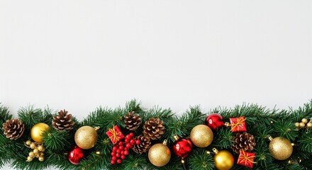 Garland of pine branches adorned with red berries, shiny ornaments, and golden balls, creating a festive holiday atmosphere