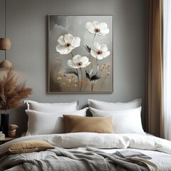 White flowers painting above bedroom bed