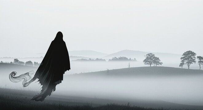 Ghost silhouette standing in a misty landscape, evoking a sense of mystery and eeriness against a backdrop of rolling hills and sparse trees