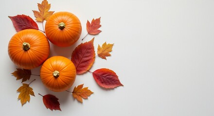 Fototapeta premium Three vibrant pumpkins surrounded by autumn leaves, showcasing rich orange and red hues that evoke a festive Thanksgiving spirit