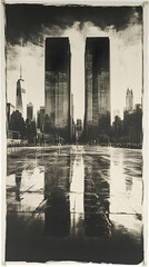Reflective image of the twin towers, a somber depiction of the city skyline, with water reflections